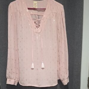 Flying Tomato Blush Pink Metallic Accent Lace-Up Long Sleeve Blouse